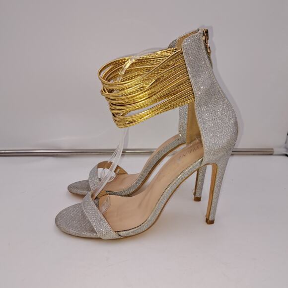 Women 7.5 Silver Lamé Gold Stringy Ankle Strap Stilletto Heel Open Toe Sandals - Picture 2 of 8
